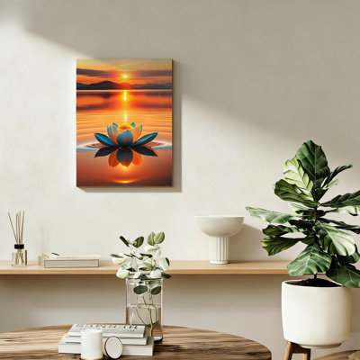 Sunset Navy Lotus Wall Art Canvas Prints - Lotus Blooming In The Water，Yoga Spa Meditation Room Decor， Canvas Solid Wood Frame Support,16" X 24"