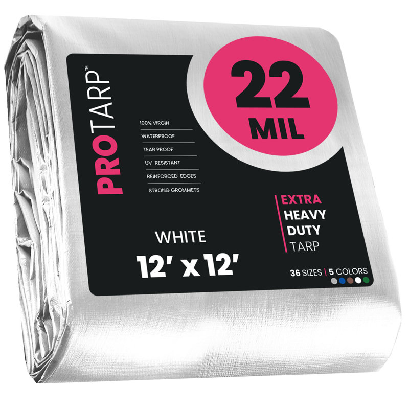 Bâche en polyéthylène robuste de 22 mil, imperméable et résistante aux rayons UV, Blanc, 12 pi x 12 pi