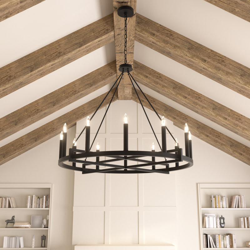 12 - Light Living Room Steel Dimmable Candle Style Wagon Wheel Chandelier UL Certified, Aged Zinc