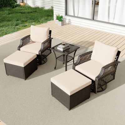 5 Piece Outdoor Swivel Chair Set With Ottomans, Wicker Patio Bistro Set With Thickened 25D Cushions And Glass Coffee Table
