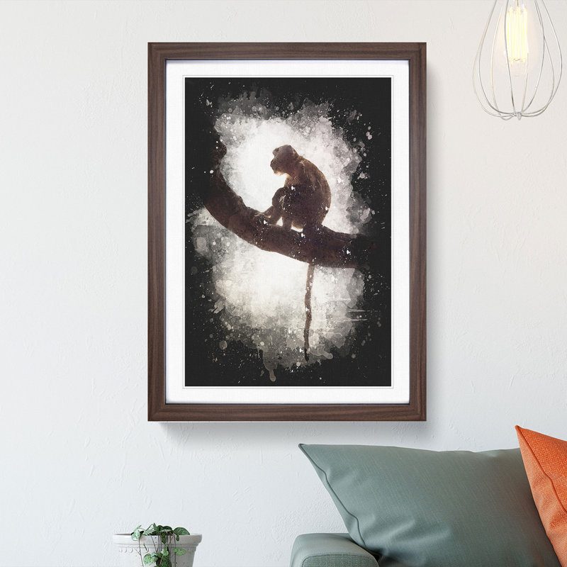 Long-Tailed Macaque Monkey Paint Splash - Picture Frame Graphic Art, 45cm H x 33cm W x 2cm D, Walnut Framed