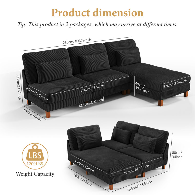 Modern 100" Corduroy Armless Modular Sofa With A Chaise Longue, Black Corduroy