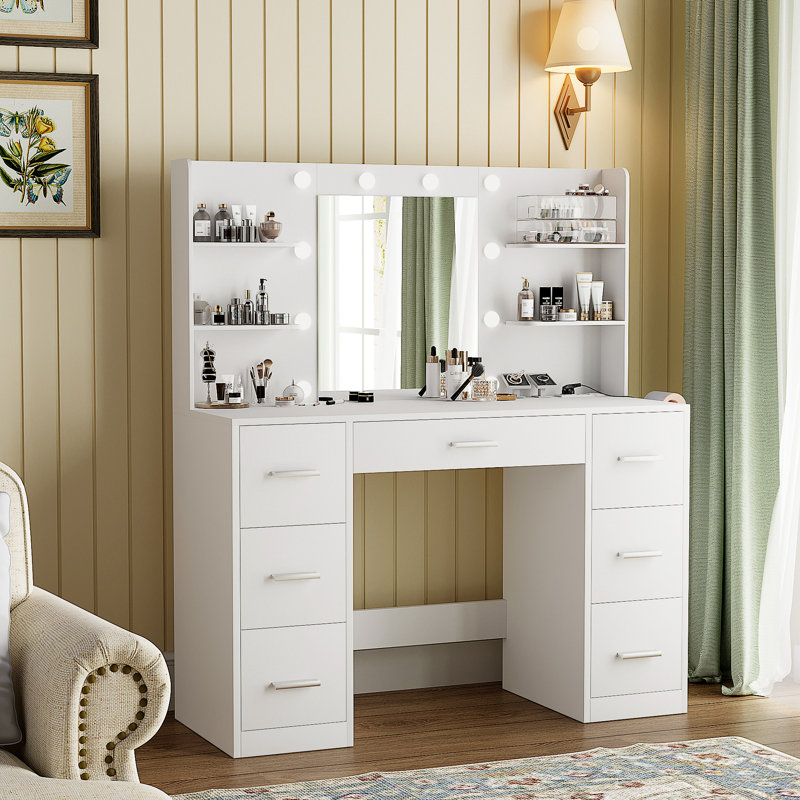 Makeup Vanity With Led Lighted Mirror And Built-In Power Supply, White