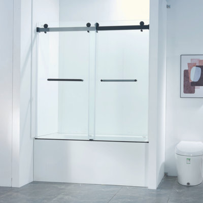 56-60"W X 60"H Frameless Double Sliding Tub Shower Door, 304 Stainless Steel, 5/16" (8Mm) Thick SGCC Tempered Clear Glass.