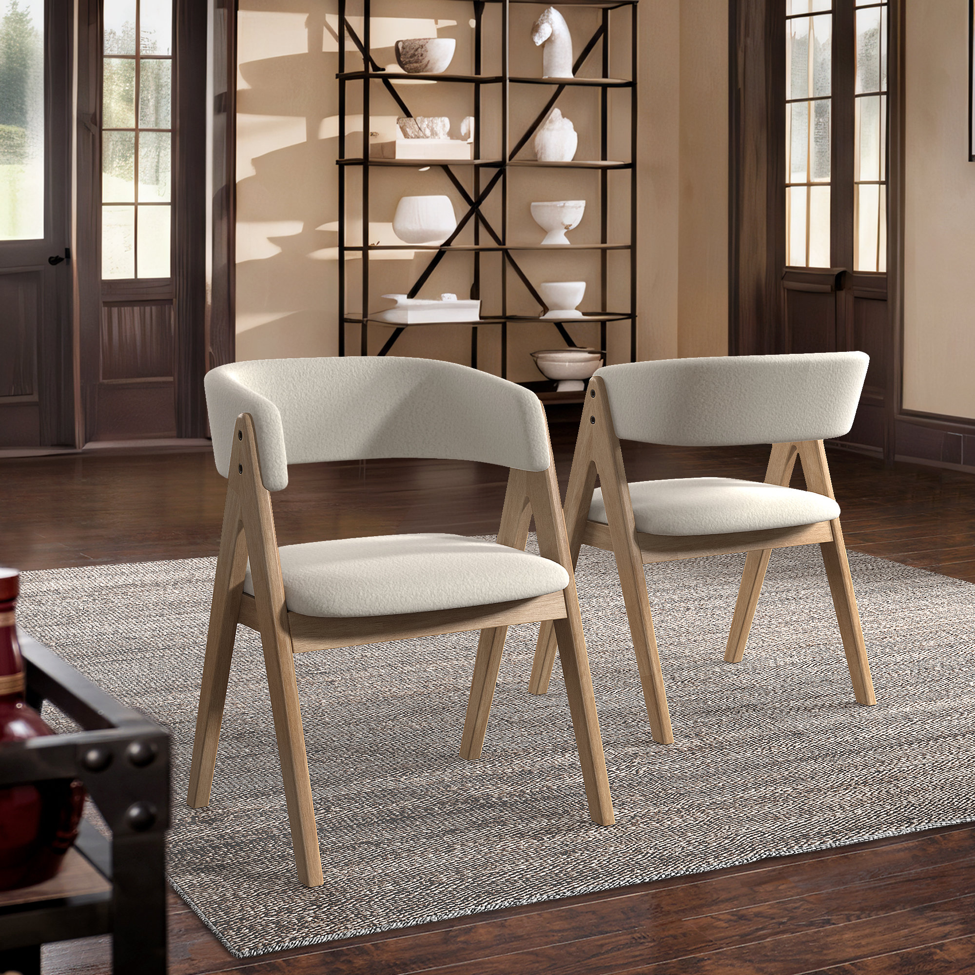 Latitude Run® Arusha Modern White Boucle And Wood Dining Chairs | Wayfair