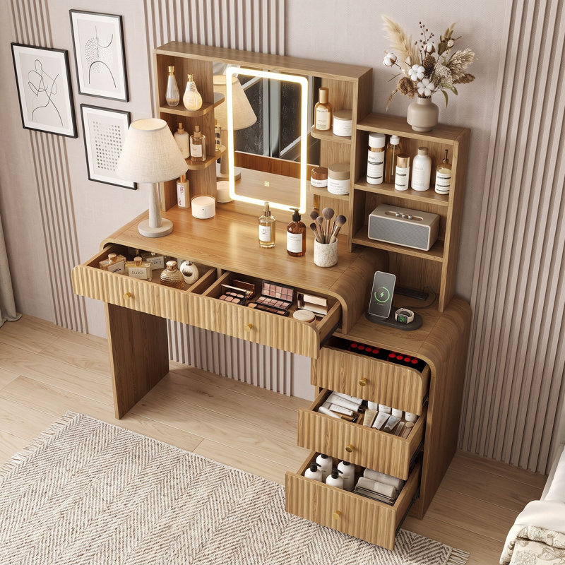 Coiffeuse rétro avec miroir intelligent à DEL, tiroirs, tablettes ouvertes et borne de recharge, Naturel
