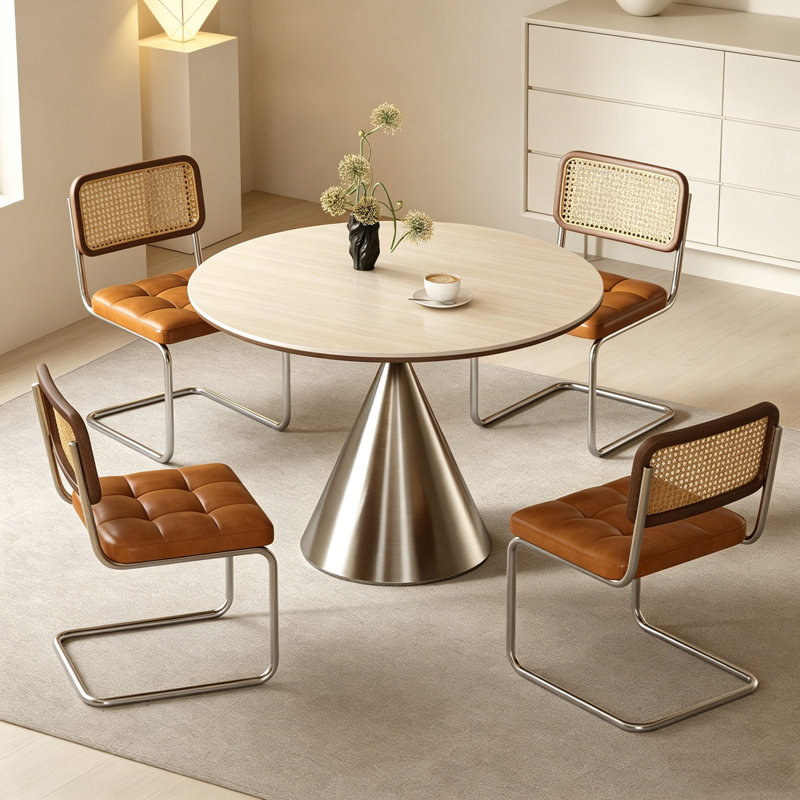 Table ronde Mid-Century en pierre frittée, 5 Pieces: Table, 4 Chairs, 29.5"H x 51.2"L x 51.2"W