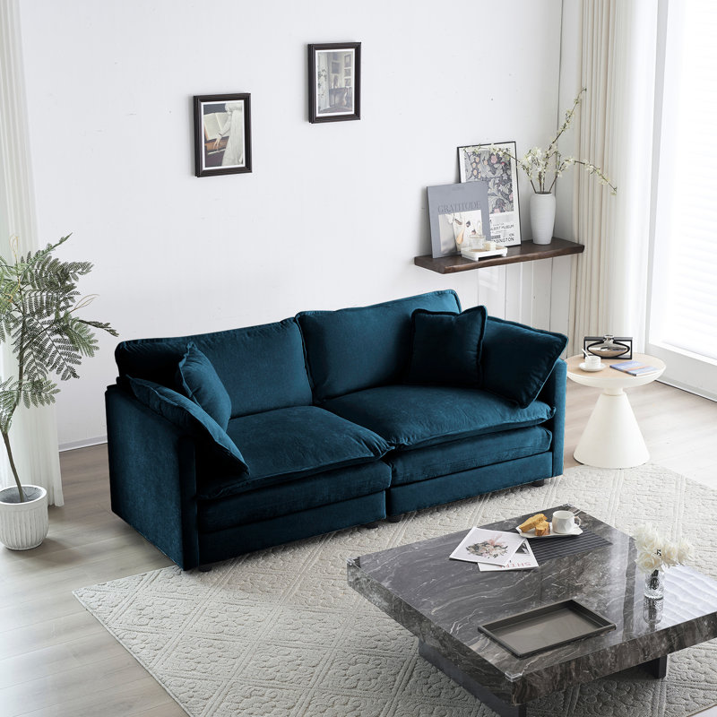 Salon en chenille bleue, 4 coussins inclus, structure en bois massif, revêtement en chenille 2 doux pour l'espace, rembourrage en éponge, sièges confortables
