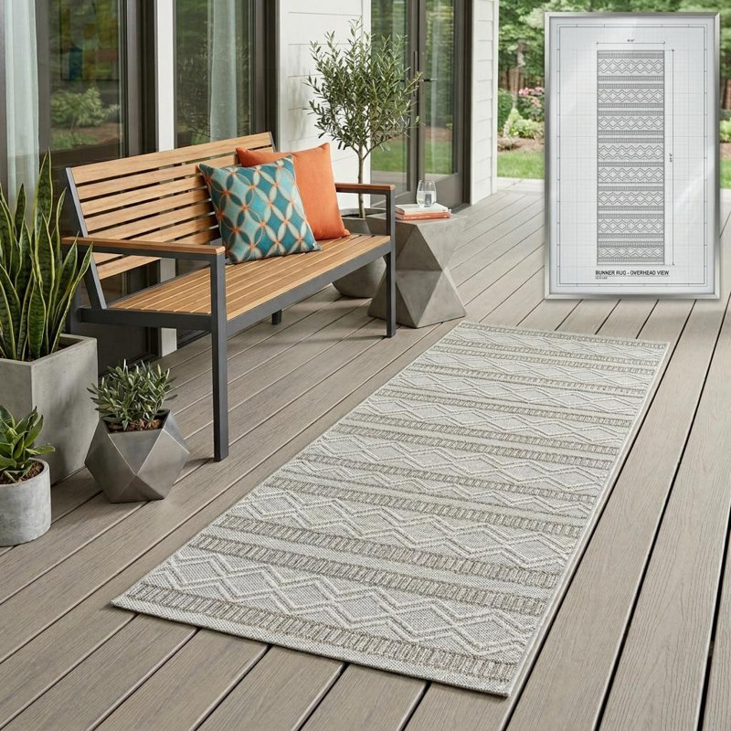 8' Beige And Gray Striped Distressed Indoor Outdoor Runner Rug