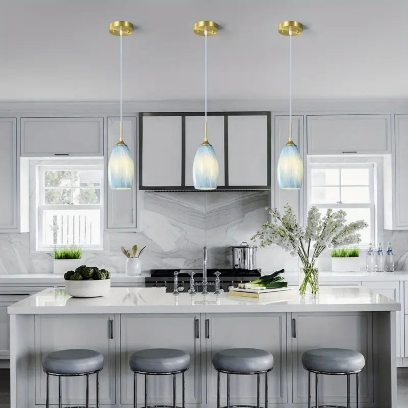 Luminaire suspendu en verre Luminaires suspendus bleus pour îlot de cuisine moderne avec finition dorée