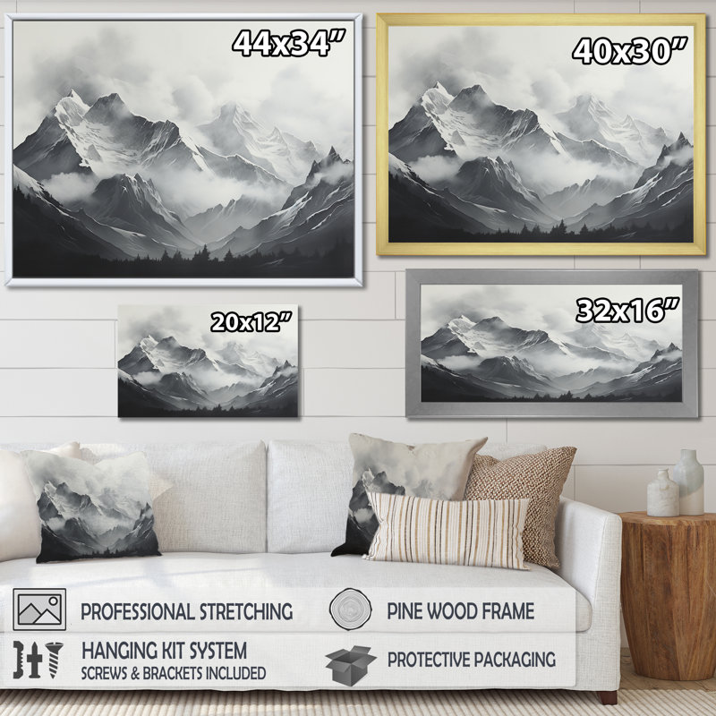 Moody Majestic Mountain Peaks - paysage de montagnes, impressions sur toile, Cadre flottant blanc