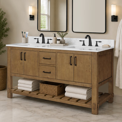 Meuble-lavabo 60 po avec lavabo Farmhouse, bois massif, 2 tiroirs, 4 portes à fermeture en douceur, tablette de rangement ouverte, comptoir et dosseret en marbre 0,79 po, brun foncé