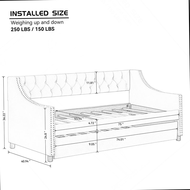 Upholstered Daybed with Trundle, Wood Frame with Tufted Buttons and Copper Nails, Light Grey