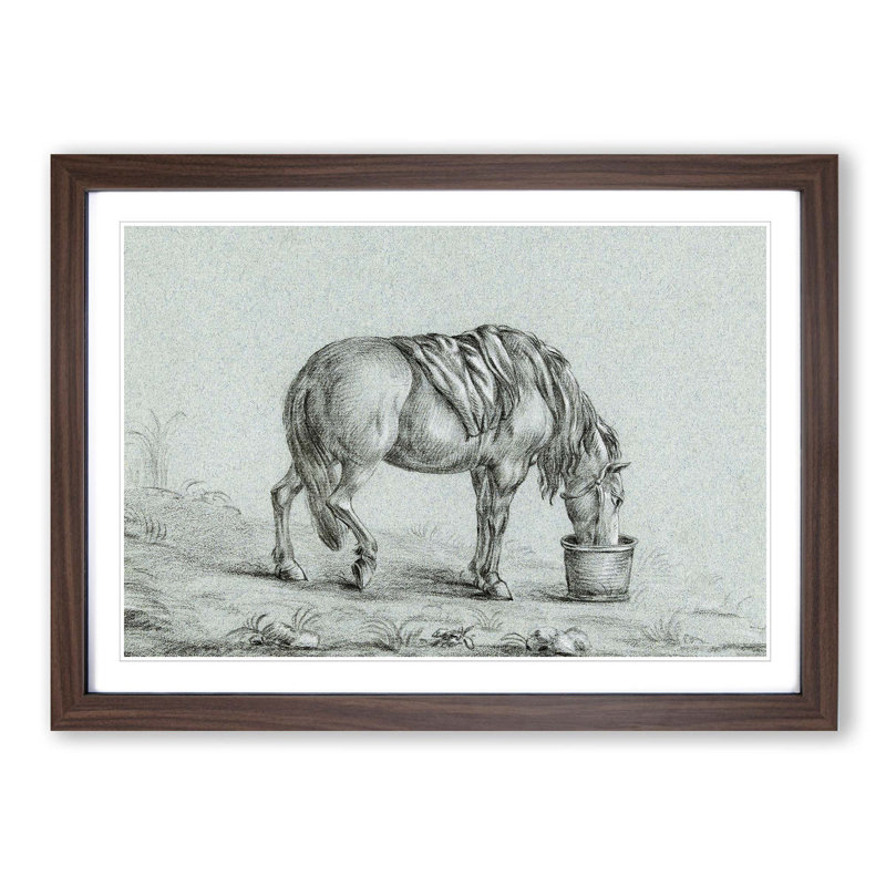 A Drinking Horse by Jean Bernard - Single Picture Frame Print, Walnut Framed, 33cm H x 45cm W x 2cm D