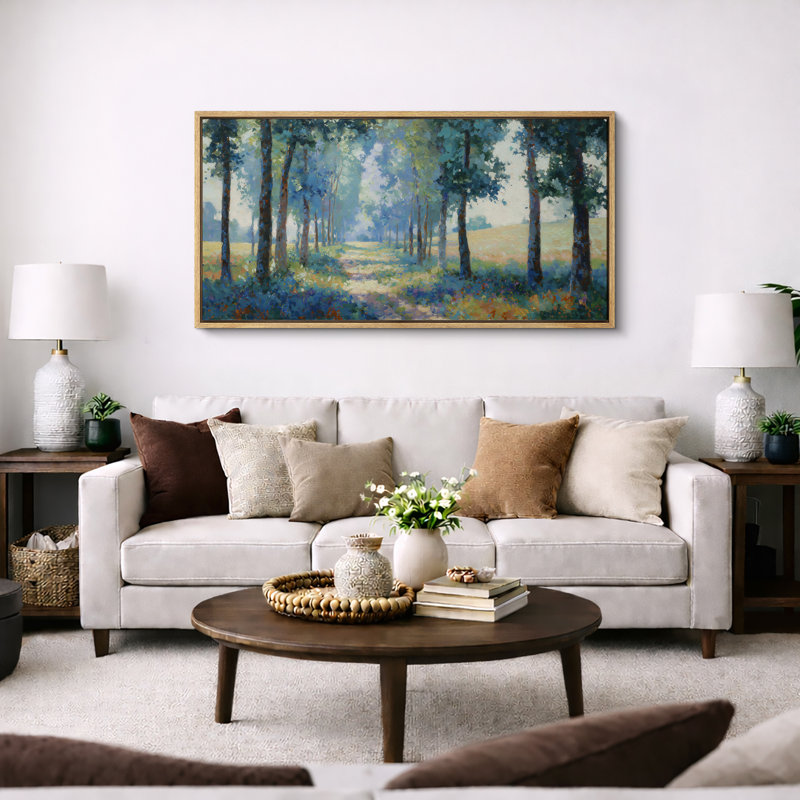 Sunlit Forest Path Landscape with Tall Trees and Wildflowers Nature Wall Decor Extra Large Pictures Framed Canvas Print Wall Art