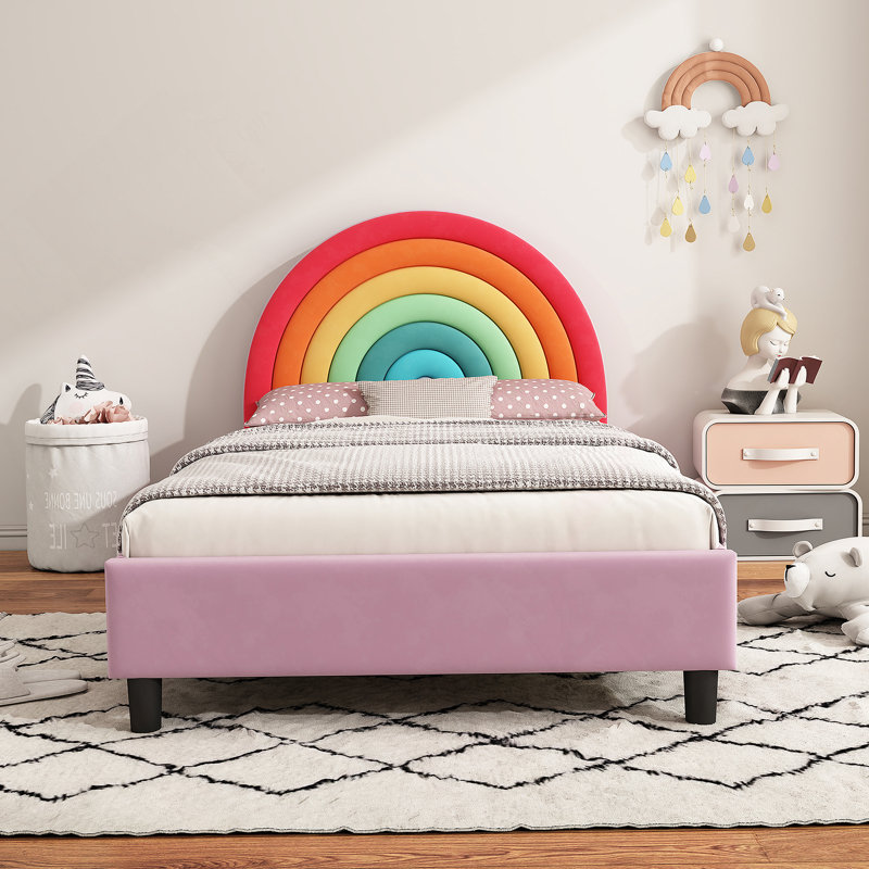 Upholstered Platform Bed with Rainbow Design