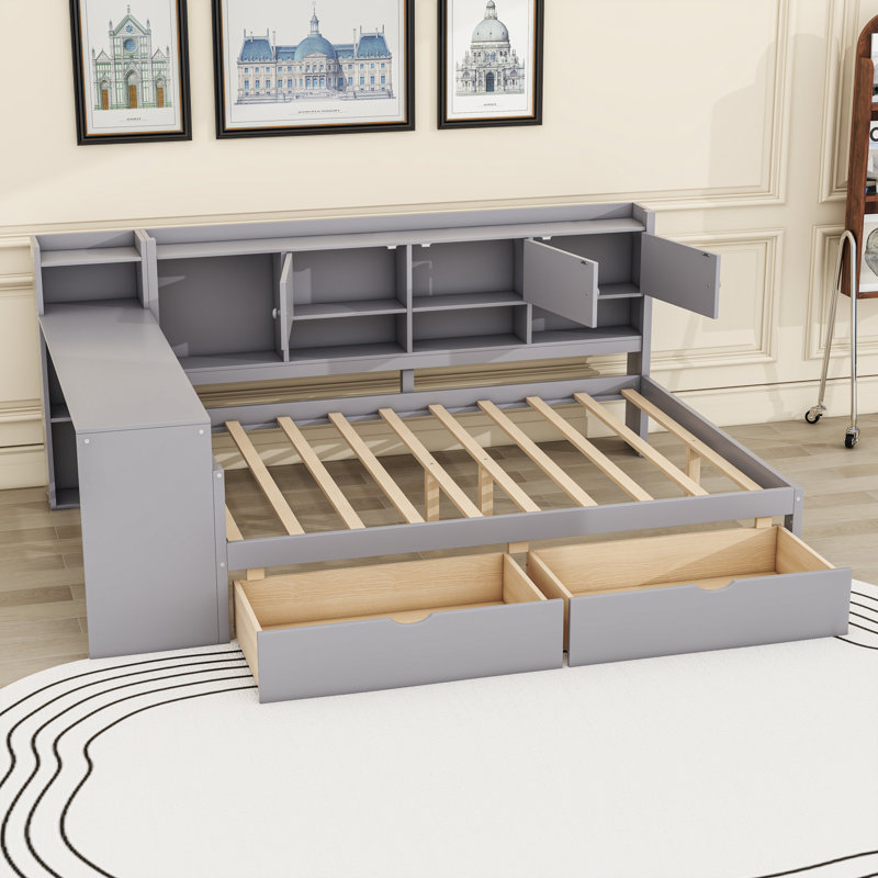 L-Shape Wood Daybed with Storage Desk and Drawers,Shelves, Full / Double