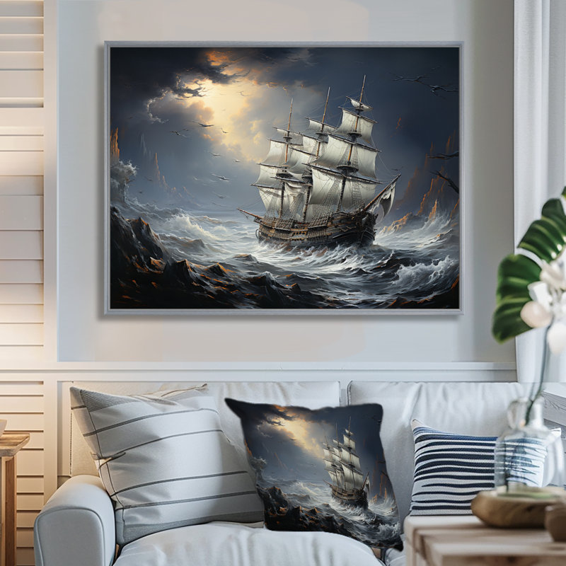 Bateau pirate à Stormy Seas I - décoration murale pirate, H 16 po x l 32 po x P 1 po, Encadrement argenté