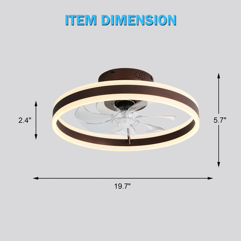 Desnoyer 19.7 inch Smart APP Low Profile Ceiling Fan Remote Control 6-Speed Flush Mount LED Lighting, Coffee
