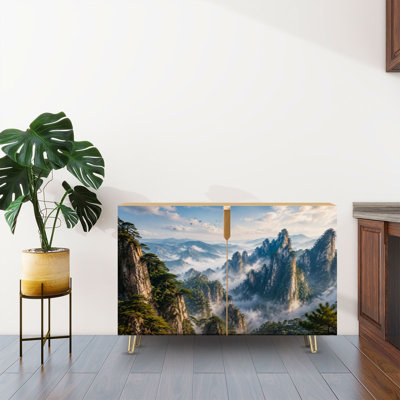 Sideboard Buffet Cabinet with Storage Misty Mountain Landscape Pine Trees Scenic Peaks with 2 Doors for Living Room and Kitchen