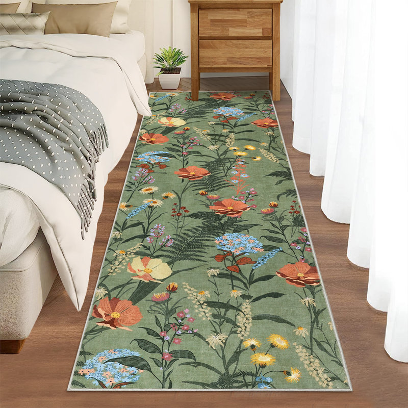 Modern Rug for Living Room Large Floral Printed Floor Carpet, Easy Cleaning Stain-Resistant Contemporary Indoor Mat for Bedroom, Office, Green