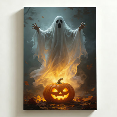 Tableau sur toile d'Halloween 61 x 91 cm. Une silhouette fantomatique plane au-dessus d'une citrouille illuminée, entourée de feuilles d'automne. Impression sur toile d'art numérique fantastique. Décoration murale moderne pour chambre, salon et bureau.