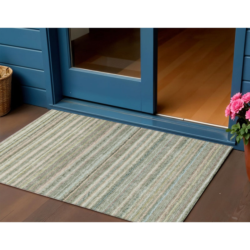 3' X 5' Sage Mint Green And Beige Striped Washable Indoor Outdoor Area Rug