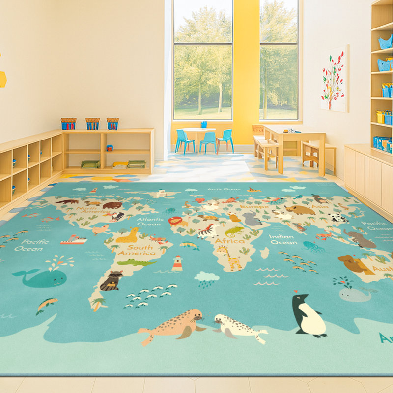 Tapis de jeu lavable pour enfants – 180 x 270 cm, idéal pour les petites filles et les enfants d'âge préscolaire. Éducatif et décoré d'animaux mignons. Antidérapant, résistant aux taches, doux et sécuritaire pour la chambre, la salle de jeux et la classe. Bleu.