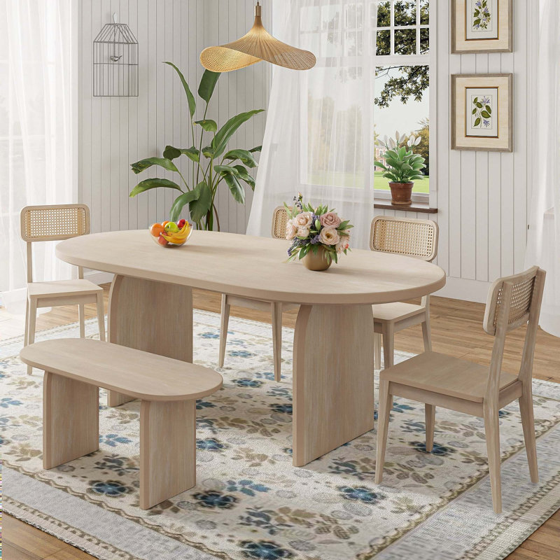 Ensemble de table de salle à manger 6 pièces avec banc, ensemble de chaises de table ovales pour 6 personnes, Naturel