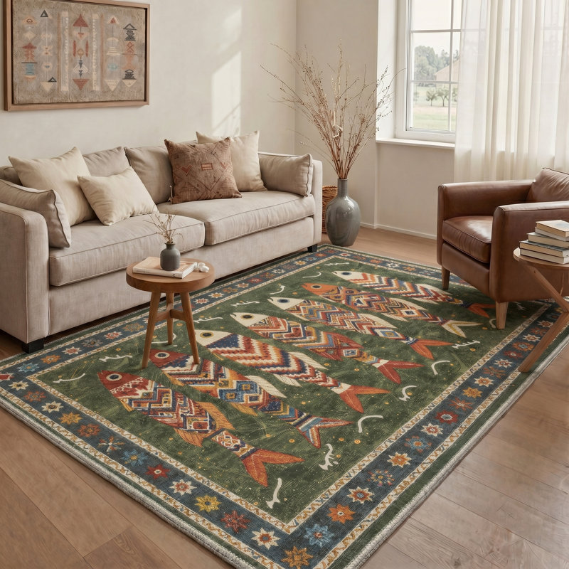 Mirage Geometric Machine Washable Green Indoor Area Rug with Non-Slip Backing, Rectangle 9' x 12'