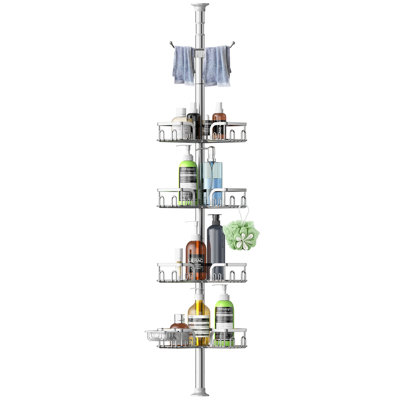 Silver Stainless Steel Tension Pole Shower Caddy with Towel Rack, Adjustable Corner Shower Shelf for Bathtub and Shower Single