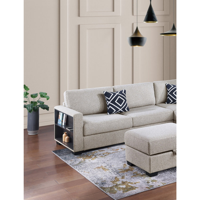 Canapé modulaire réversible 3 pièces avec rangement et repose-pieds, Toile de jute beige