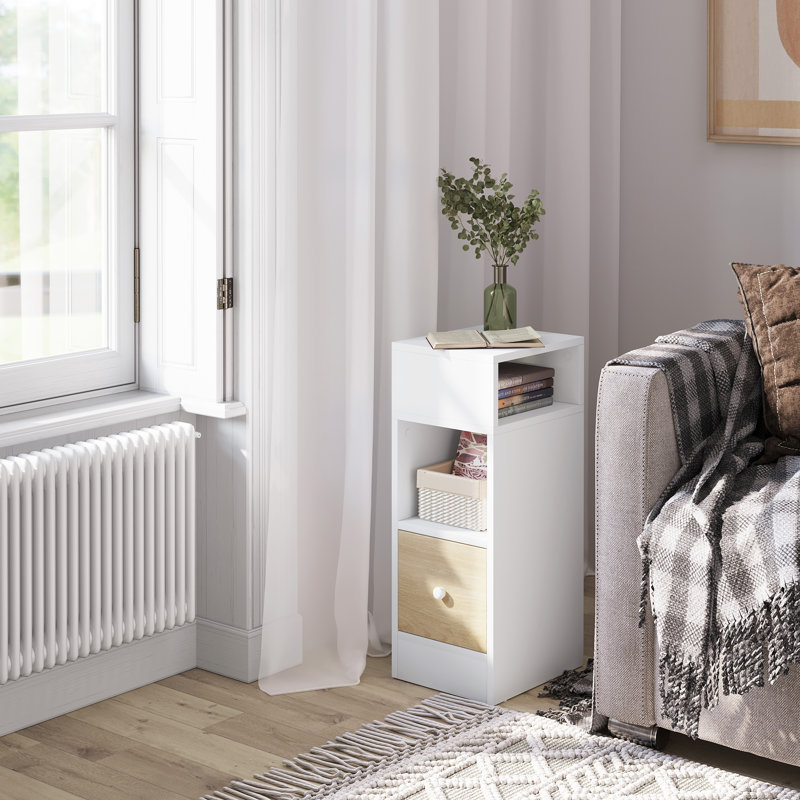 Bedside Table, Nightstand With 2 Open Compartments And 1 Drawer, Night Table, Space Saving Cabinet For Bedroom, Living Room, Chipboard, 25X30X66Cm