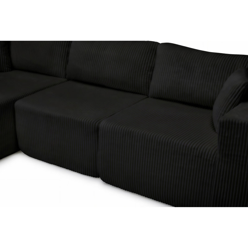 Canapé d'angle modulaire en velours côtelé noir 3 places, assise profonde de type nuage, méridienne moderne en forme de L, revêtement souple et insonorisé pour votre salon, aucun assemblage requis, grande durabilité.