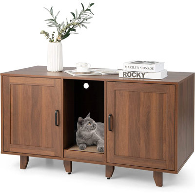 Enceinte de litière pour 2 bacs à litière, table de bout pour meuble télé pour chat caché avec 2 armoires, tableau à gratter, litière d'intérieur pour chat