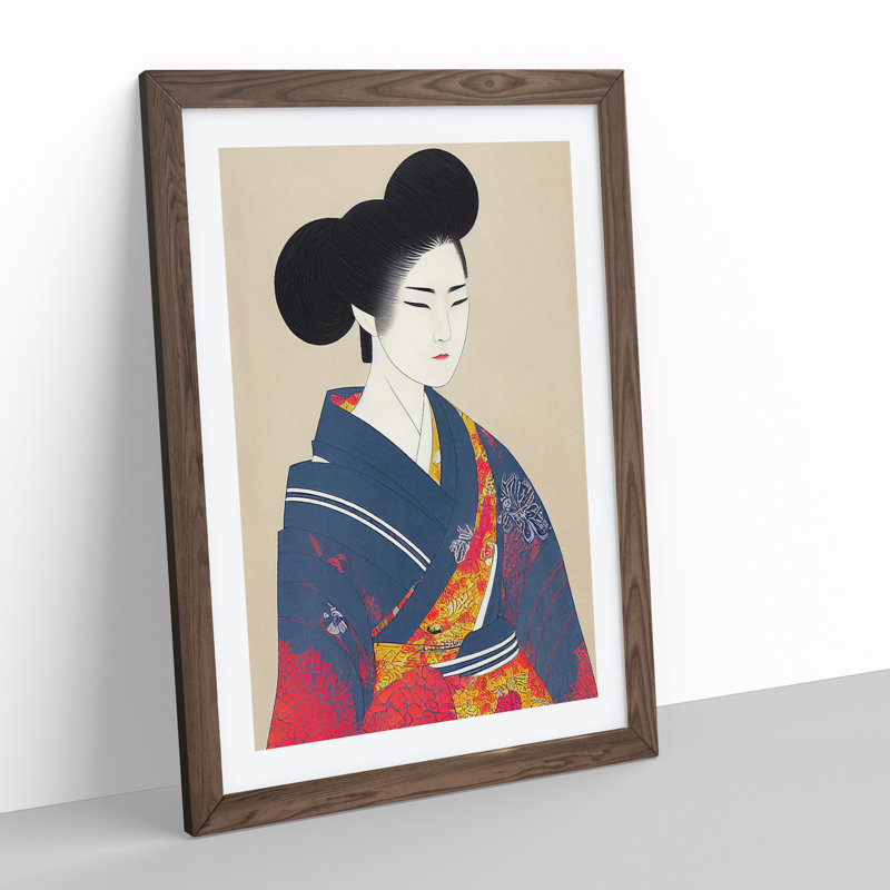 Traditional Geisha No.4 - Wall Art, 48cm H x 36cm W, Walnut Framed, White