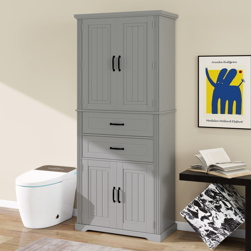 Grande armoire de rangement, armoire de rangement autoportante avec 4 portes, tablette réglable et 2 tiroirs, Gris