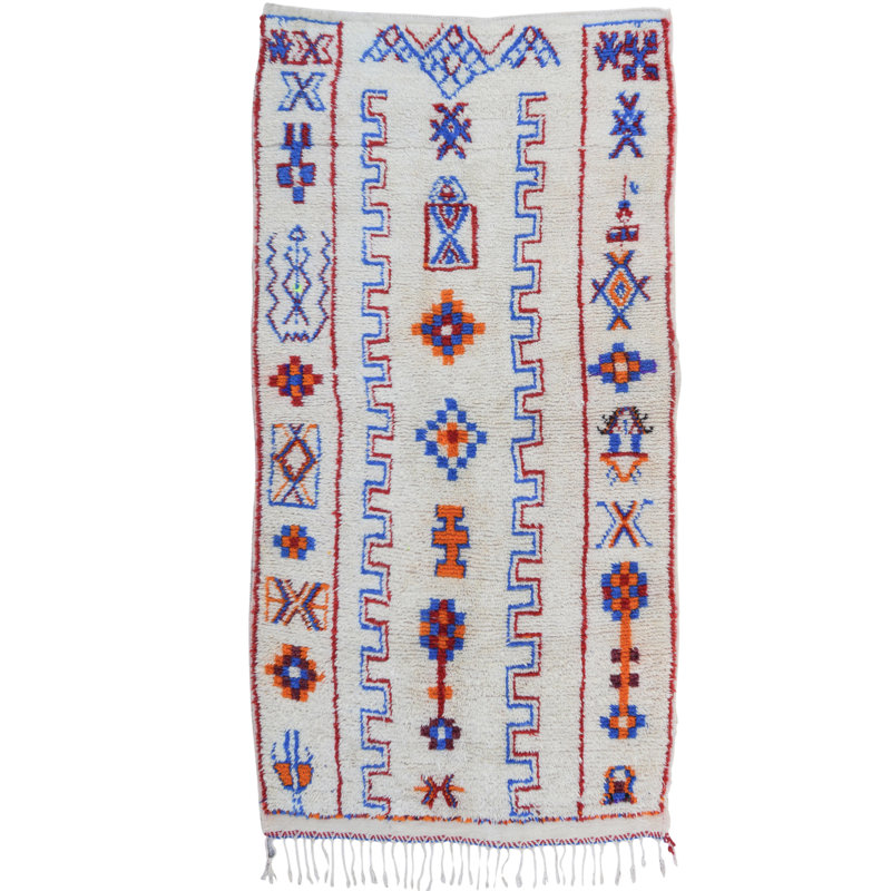 Tapis blanc cassé / bleu / orange unique de 4 pi x 7 pi 8 po des années 1980