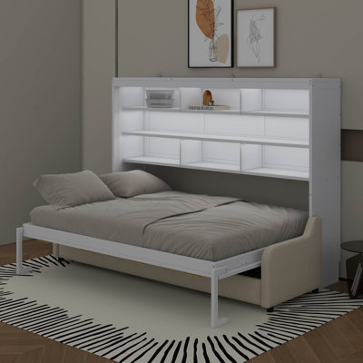 Grand lit escamotable avec canapé pliant, tablettes de rangement intégrées et lumière DEL