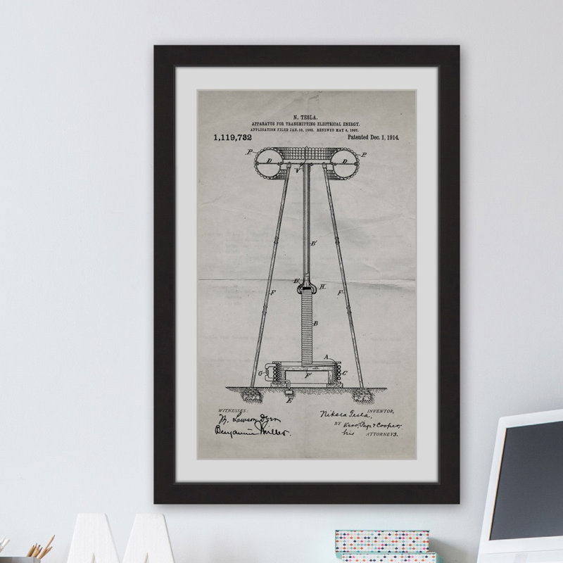« tesla bobine 1914 old paper » par steve king, reproduction d’art encadrée, H 24 po x l 16 po x P 1,5 po