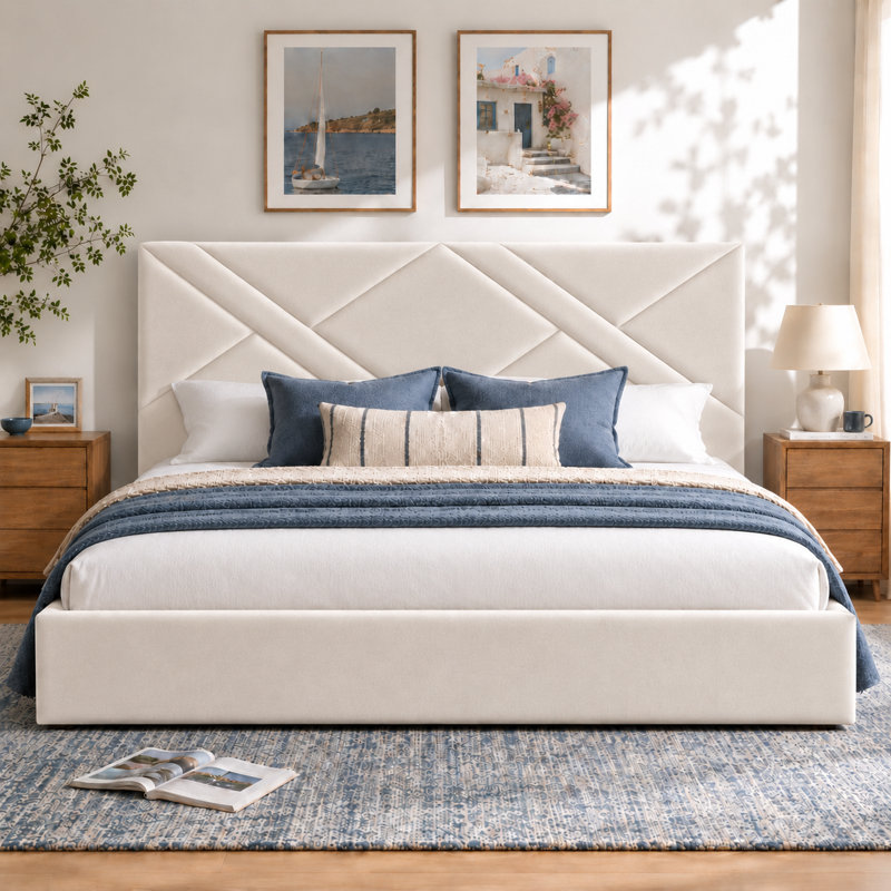 Lit plateforme tapissier avec rangement Gaillarde, Très grand, Crème