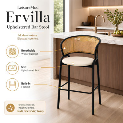 Daishun PU Leather Counter Height Bar Stool, Modern Wicker Low-Back Kitchen Island Chair, Luxury Matte Black Stainless Steel Frame Barstool with Footrest