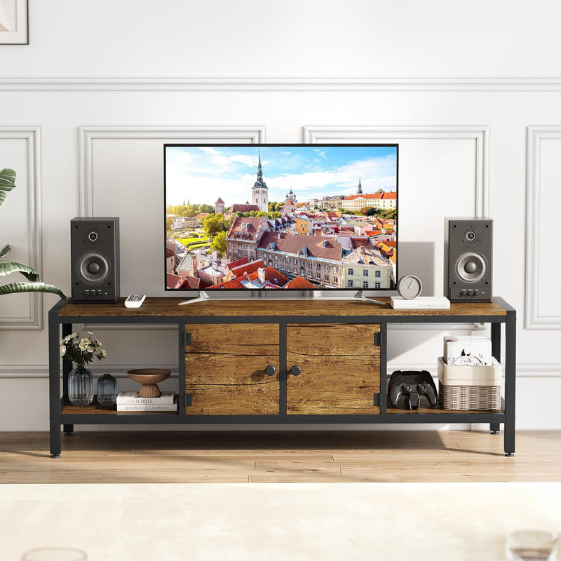 Meuble télé 58 po brun rustique, console média imperméable avec pieds réglables et rangement ouvert, Brun