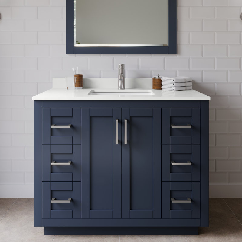 Miranda 42" Freestanding Single Bathroom Vanity with Quartz Top, Dark Blue, White Quartz, Brushed Nickel