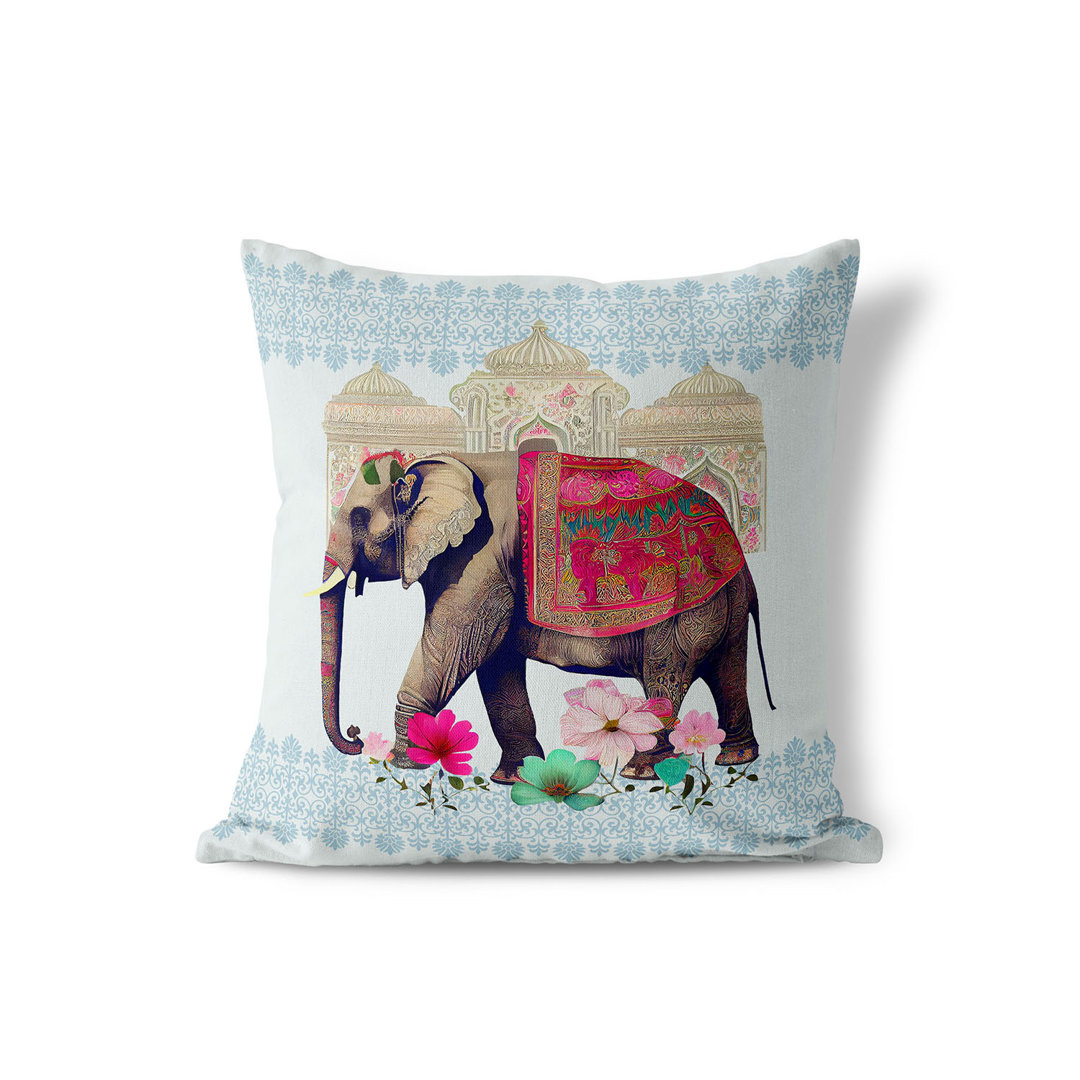 Walking Elephant Floral Square Cushion mit Füllung