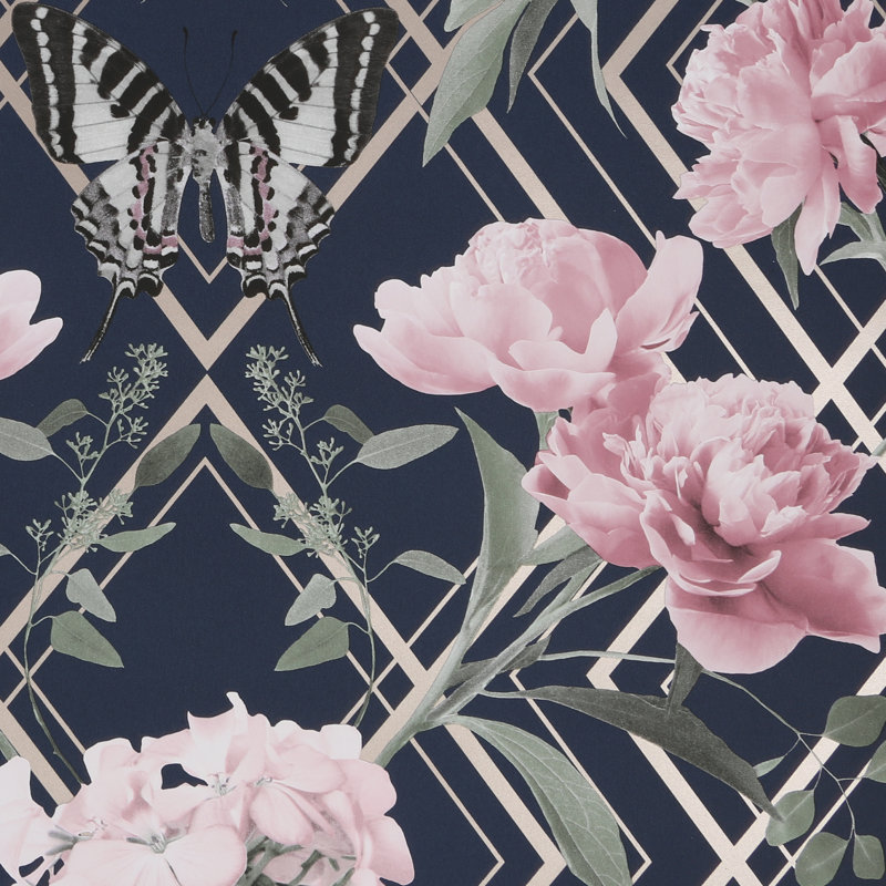 Azhanae Floral Metallic Wallpaper Double Roll, Navy/Pink