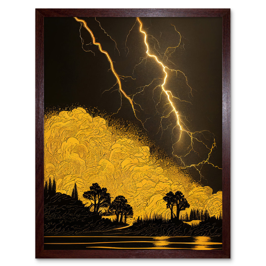 Thunder Storm Lightning Lakeside Tree Silhouette - Print