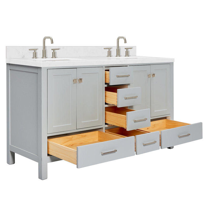 Ensemble de meuble-lavabo double 60 po , Gris / Nickel brossé, Rectangular