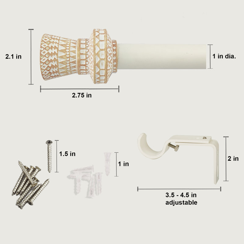 Tringle à rideaux simple Malakhiy et support de montage avec embouts sculptés, H 1,40 po x l 144 po x P 4,50 po