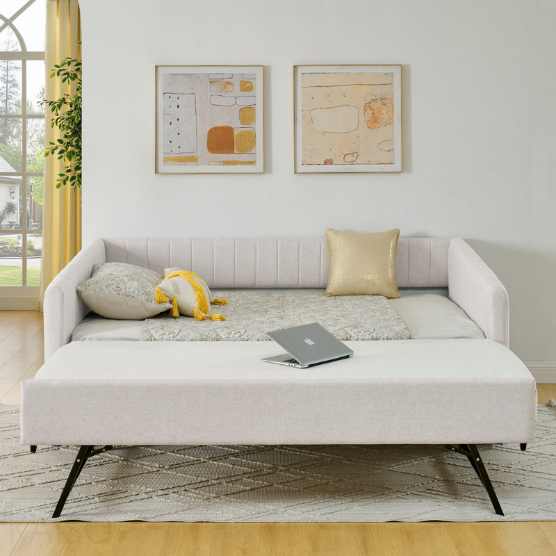 Lit de jour double avec canapé-lit tapissier, avec rayures verticales, tissu en lin, beige (82,5 po x 58 po x 30 po), Beige